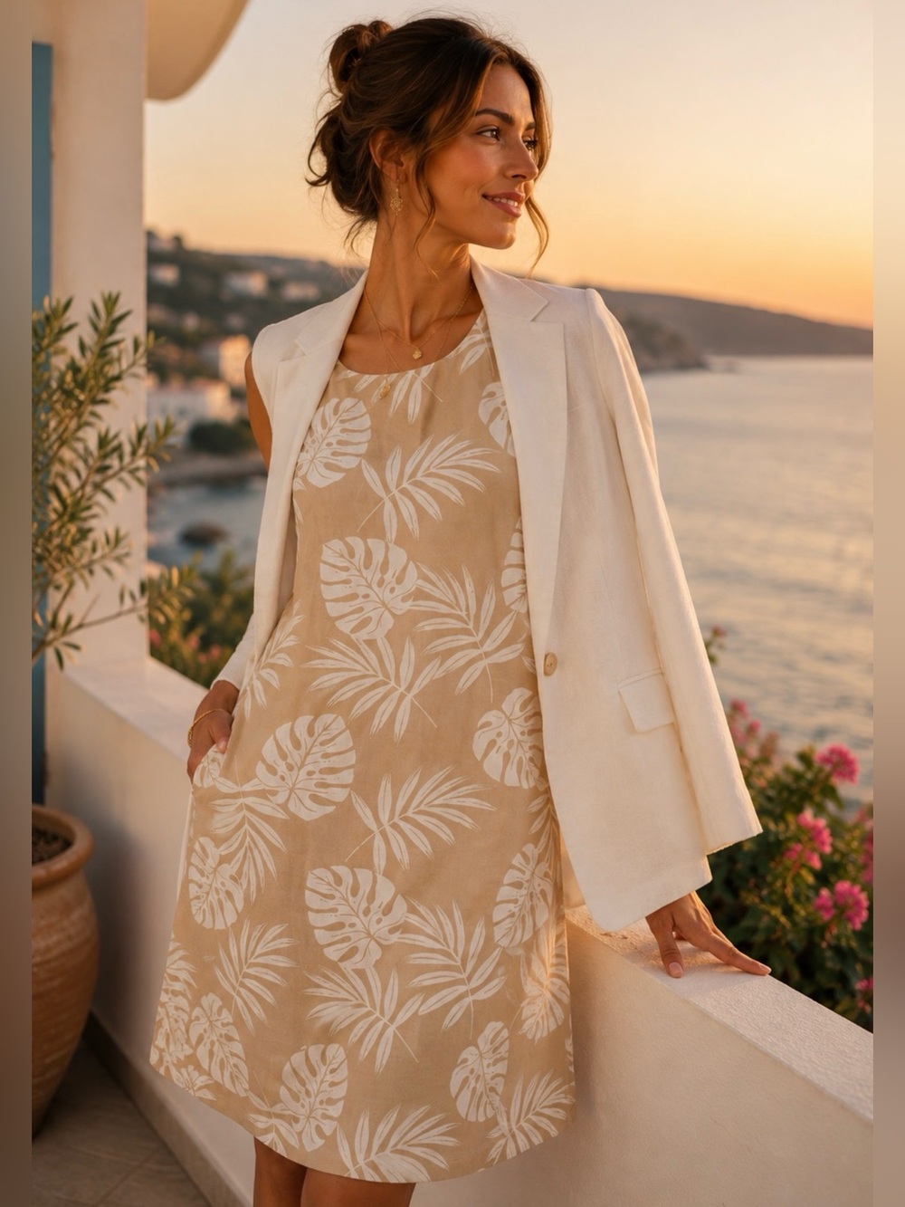 Charlie Paige Linen Blend Tropical Leaf Shift Dress L Beige White Sleeveless